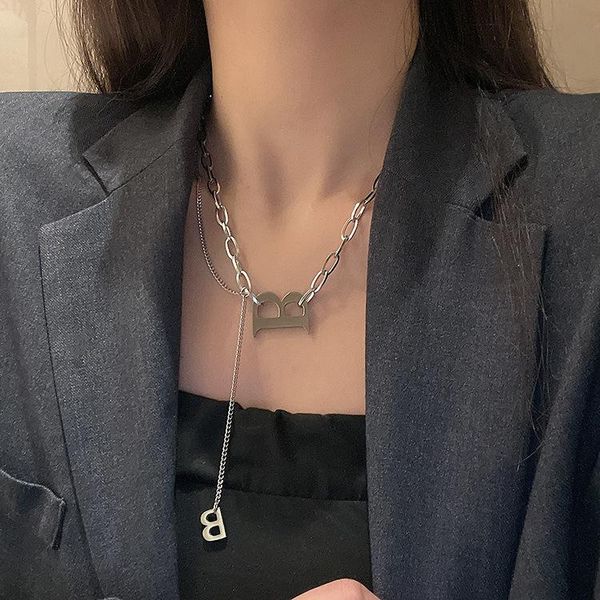 

pendant necklaces hollow out thick chain letter b choker necklace women titanium steel minimalist chunky collar jewelry, Silver