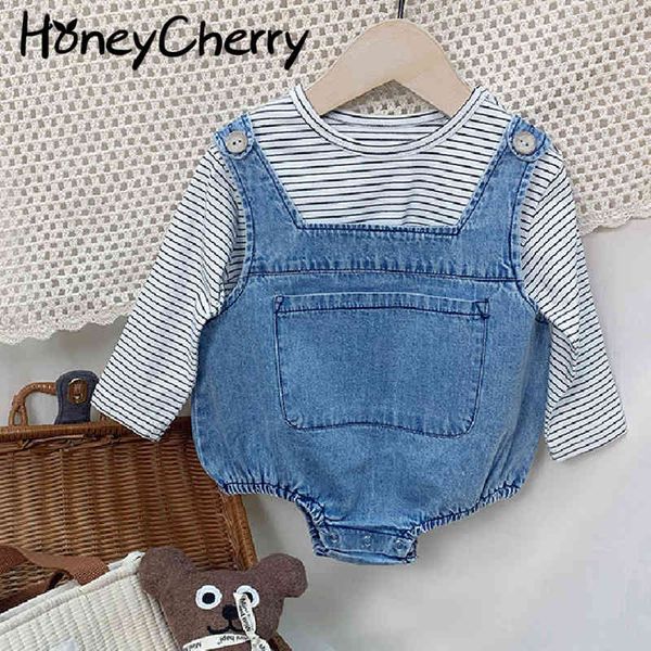 

baby spring romper set stripe t - shirt denim baby girl outfit set 210515, White