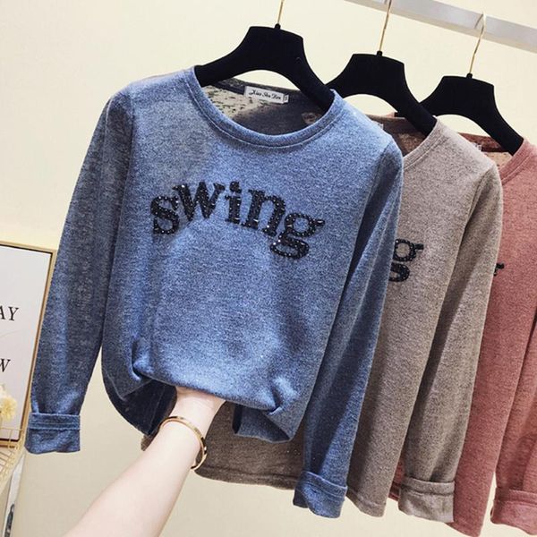 

women's t-shirt ggright tshirt long sleeve casual diamond letter thin t shirts v-neck autumn harajuku korean tee shirt femme, White
