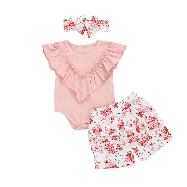 

0-24m lovely infant baby girls clothes sets ruffles short sleeve solid romper flowers shorts headband, White
