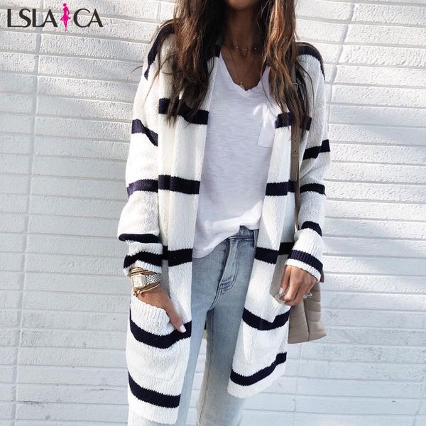 

street hipster sweater long black and white stripes contrast color fashion wild cardigan windproof jacket autumn 210520, White;black