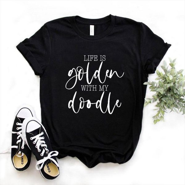 

life is golden with men t shirts a doodle print and women cotton casual funny shirt lady yong girl top, White;black