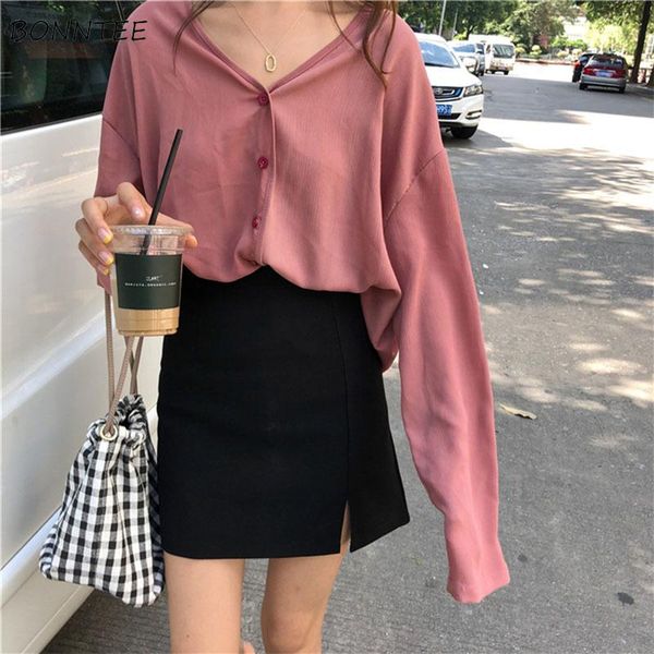 

women's blouses & shirts women all-match retro classic solid v-neck leisure womens shirt korean style full sleeve short elegant ladies, White