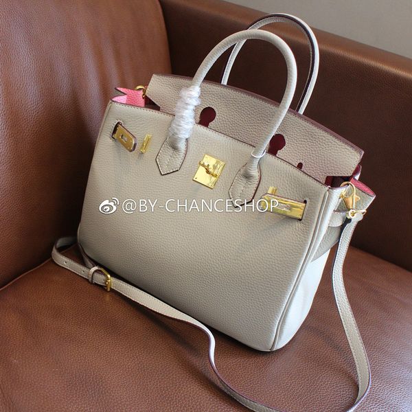

2021 new lychee pattern first layer cowhide birkin bag genuine leather womens bag shoulder messenger bag inner stitching contrast-color birk