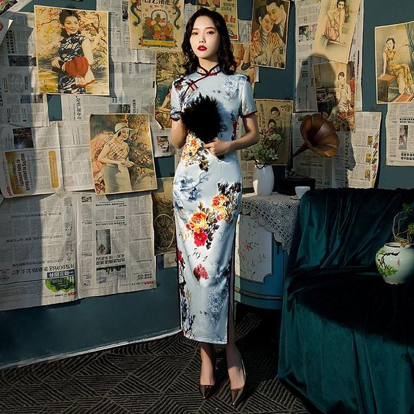 

chinese style retro traditional printed cheongsam party silk long dress women short sleeve hanfu qipao ethnic clothing, Red