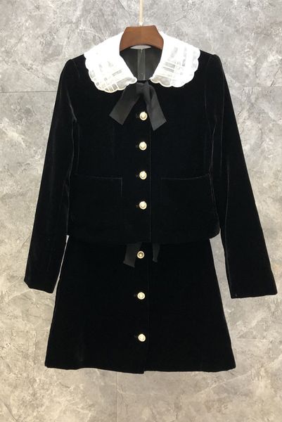 

velvet short coat skirt two-piece womens clothing autumn european goods new anti-aging outfits 9g, Black;gray