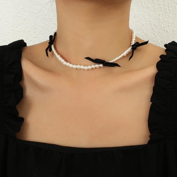 

chokers lifefontier black velvet bowknot imitation pearl choker necklaces for women sweet chain clavicle collar necklace jewelry, Golden;silver