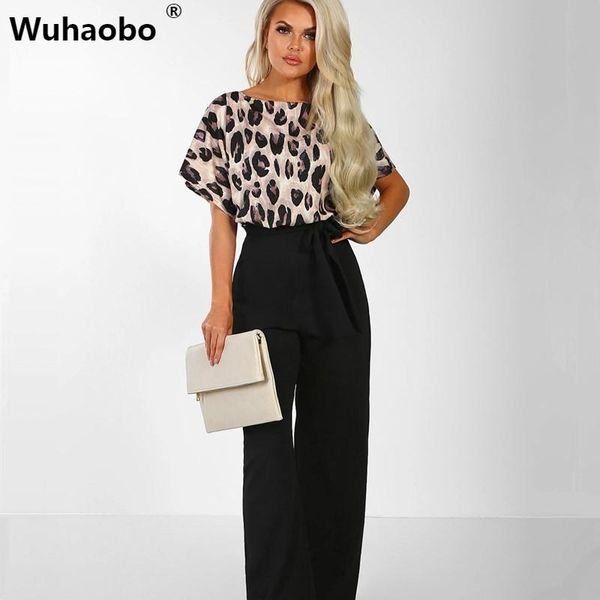 

women's jumpsuits & rompers wuhaobo short sleeve 2021 women elegant jumpsuit leopard print back button bodysuits casual summer overalls, Black;white