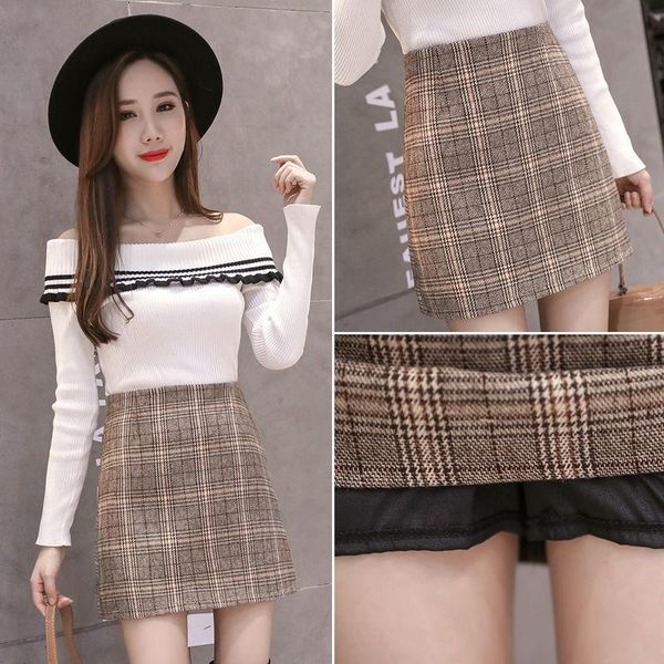 

skirts retro plaid high waist women's autumn a- line skirt woman faldas jupe, Black