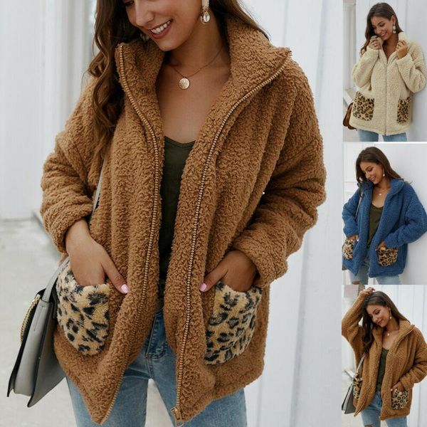 

women's jackets womens teddy bear oversized coat ladies borg zip faux fur jacket leopard print, Black;brown