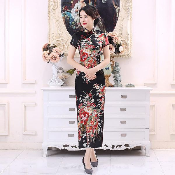 

ethnic clothing women summer short sleeve qipao elegant satin print flower cheongsam chinese vintage mandarin collar vestidos plus size s-6x, Red