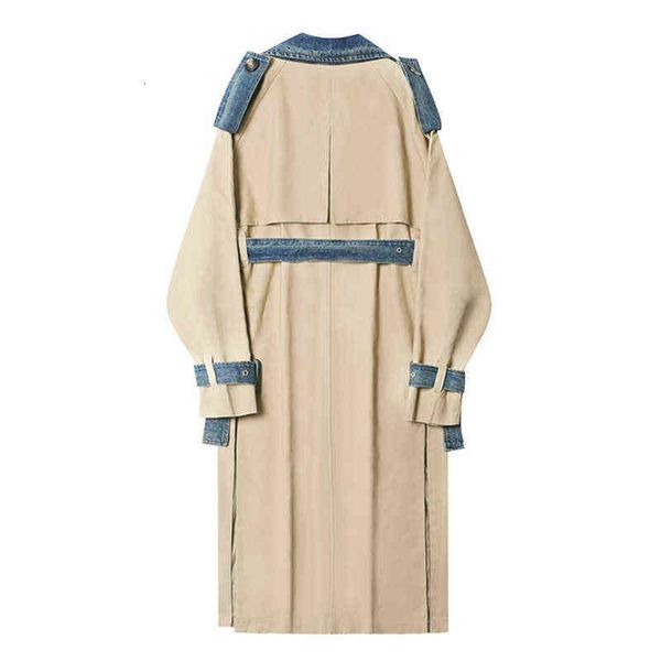 

women's leather & faux shengpalae contrast color spliced denim trench coat autumn lapel loose double breasted long sleeve windbreaker q, Black