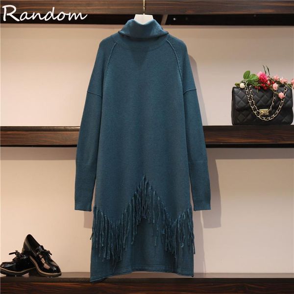 

casual dresses women 2021 autumn winter fashion knit turtleneck sweater dress long sleeve loose oversize tassel streetwear warm cloth, Black;gray