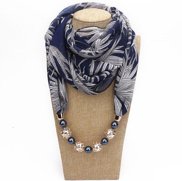 

scarves beaded pendant neck scarf european design printed chiffon necklace for lady, Blue;gray