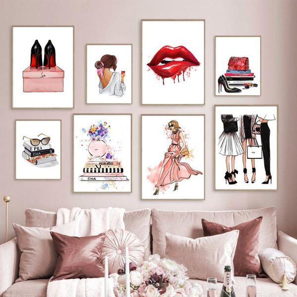 

paintings red lips high heels bag book perfume girl wall art canvas painting nordic posters and prints pictures for living room decor