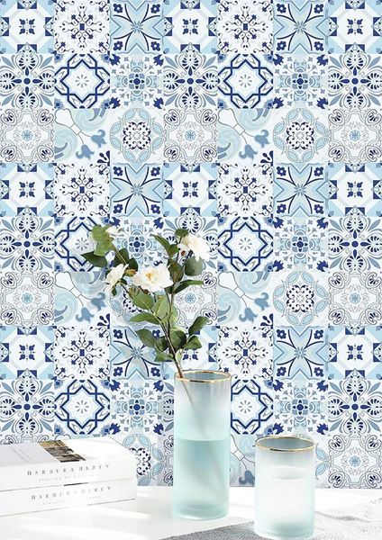 

wallpapers contact paper floral flower peel and stick removable waterproof self adhesive roll blue whitetile wallpaper