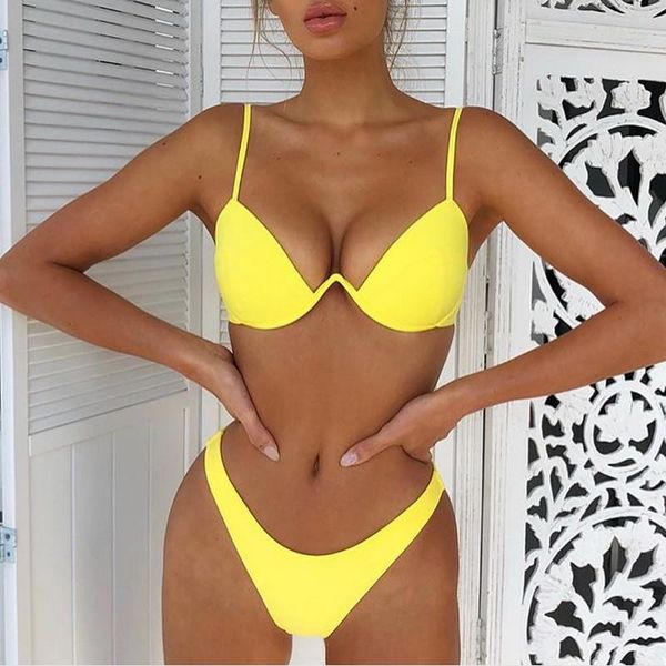 

drop push up unpadded brazilian bikini set women 4 colors bandage swimsuit triangle swimwear bathing one-piece suits