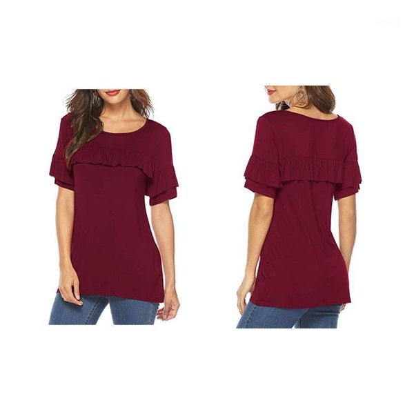 

women's t-shirt fashion solid color round neck wine red, White