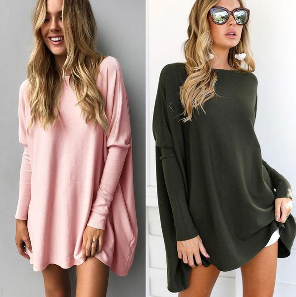 

fashion loose women casual long sleeve o-neck dresses plus size pullover party dress, Black;gray