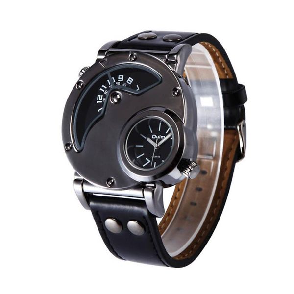 

wristwatches oulm 9591 luxury men's military sport quartz wrist watch leather band dual movt round shaped, Slivery;brown