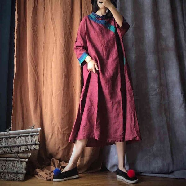 

johnature autumn patchwork loose linen original dress vintage women retro green chinese style casual dress 210521, Black;gray