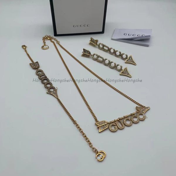 

design jewelry arrow double letter long necklace bracelet earrings women's net red same diamond set, Golden;silver