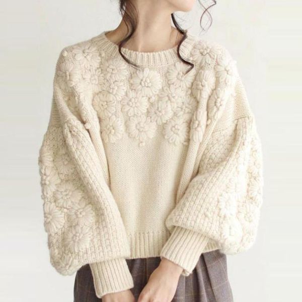 

women's sweaters women autumn vintage embroidered pullover coats flowers o-neck jacquard female elegant knitting sweater outerwear, White;black