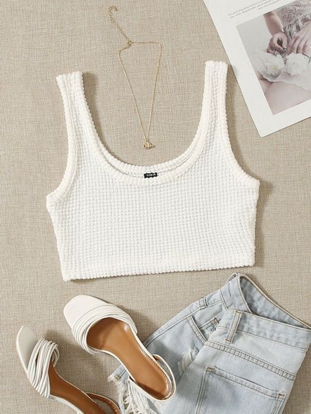 

solid patch detail textured crop tank 6999#, White