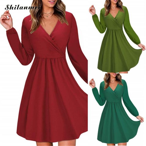 

autumn a-line dress long sleeve casual cotton dresses women solid color knee-lenngth party work plus size vestidos, Black;gray