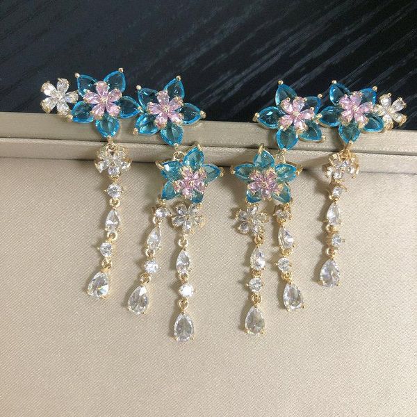 

hoop & huggie bilincolor cubic zircon small blue flower fahion tassel earring for women, Golden;silver