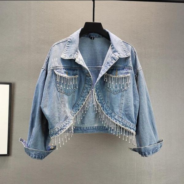 

women's jackets denim short jacket women 2021 spring and autumn loose thin heavy industry rhinestone fringed top, Black;brown