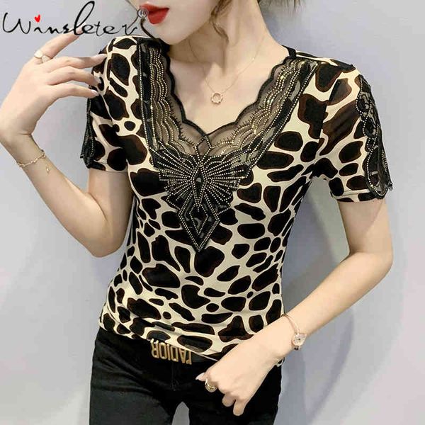

women's t-shirt summer korean clothes mesh v-neck pullover print shiny diamonds women short sleeve slim tees 2021 t14034, White