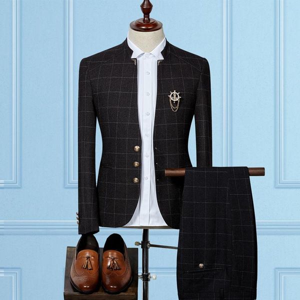 

men's suits & blazers (blazer+ pants) 2021 fashion stand collar men plaid suit set english slim party dress groomsman high end size s-3, White;black