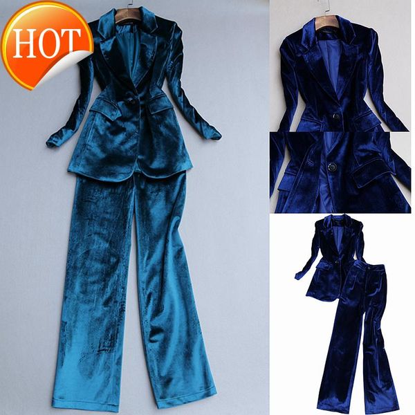 

female winter fashion fall pants suit casual business green gold velvet wide leg two-piece set women's two piece, White