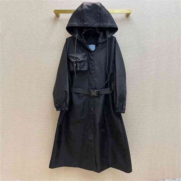 

autumn winter woman's coat solid black trench long design hooded includ blet pockets loose 210914, Tan;black