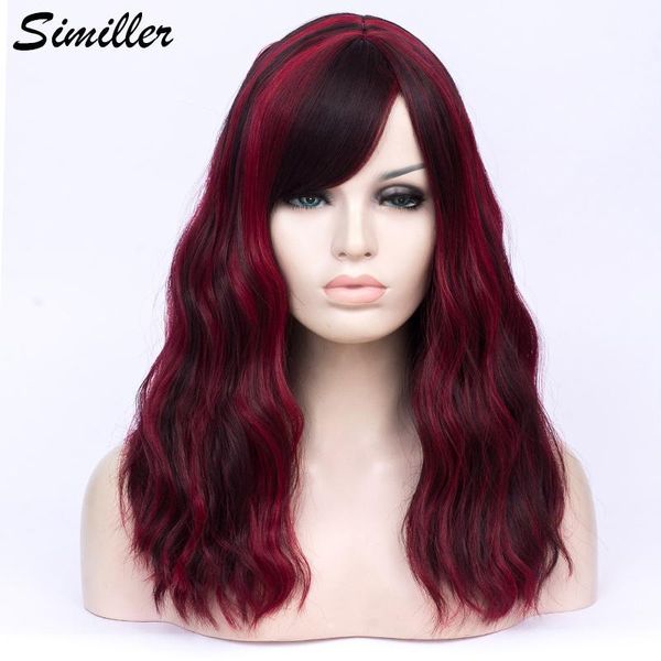 

similler women synthetic ombre curly hair cosplay wig with bangs medium high temperature fiber black red highlight wigs1