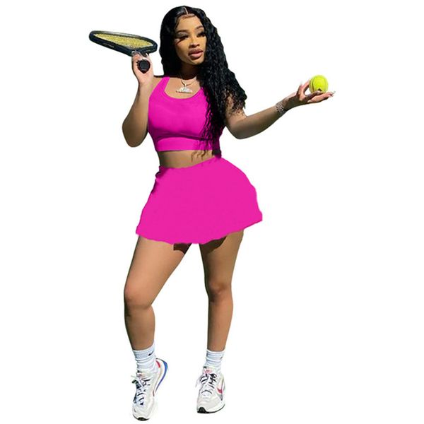 Yeni Yaz Kadın Tenis Elbise Setleri Takipler Kolsuz Tank Top+Şort Etek İki Parçalı Set Artı Boyut 2xl Harf Kıyafetleri Günlük Sports Giyim Tee+Mini Biskirt 5530