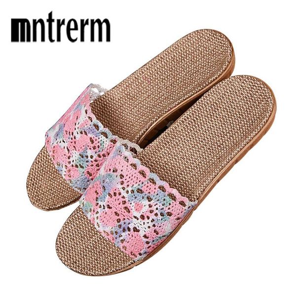

slippers mntrerm female cotton flax women breathable hollow flat slipper summer linen shoes indoor non-slip home flip flop, Black