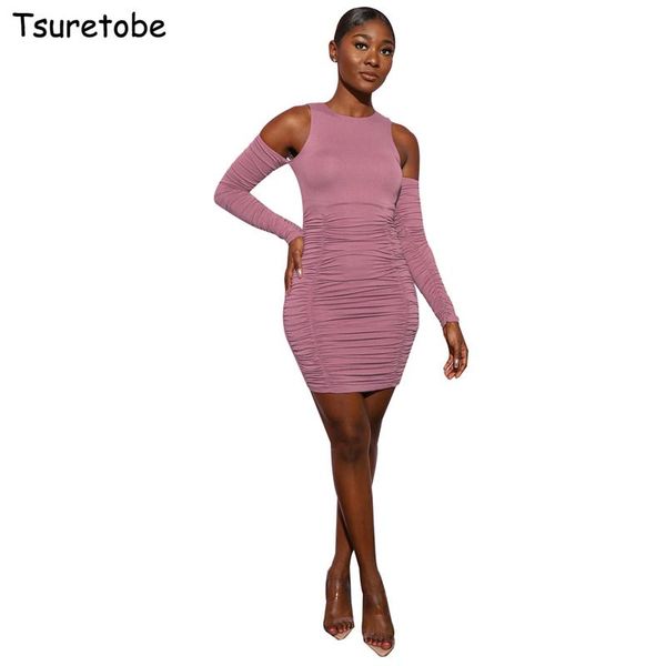 

casual dresses tsuretobe bodycon pleated dress women off shoulder party skinny mini long sleeve slim vestidos o-neck female, Black;gray