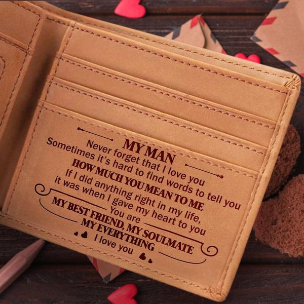 

wallets ve3001-3015 to my man husband laser engraved wallet leather short purse card holder bifold vintage birthday gift box, Red;black