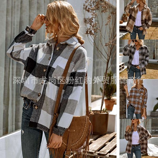 

autumn winter fashion lapel loose casual shirt large plaid coat, Black;brown