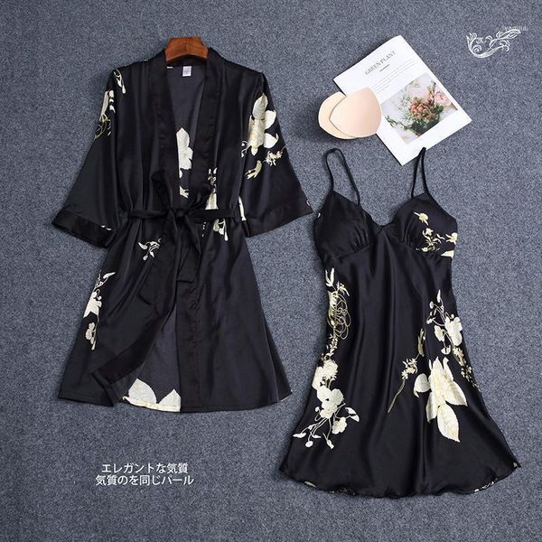 

female satin & lace two piece robe gown sets silk bathrobe + sleepdress nightwear dress 2021 lingerie1, Black;red