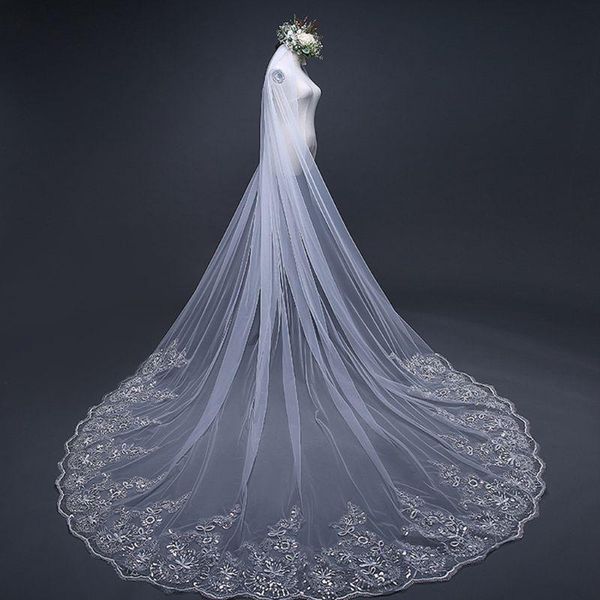 

bridal veils 4m one-layer women trailing cathedral long wedding veil embroidered floral lace applique scalloped trim with, Black