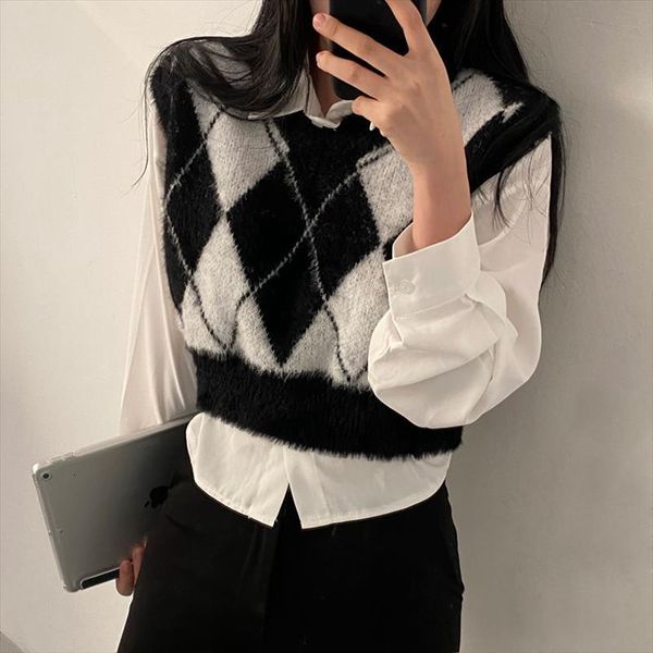 

early spring folded mink women sweater vest diamond knit white shirt set, White;black