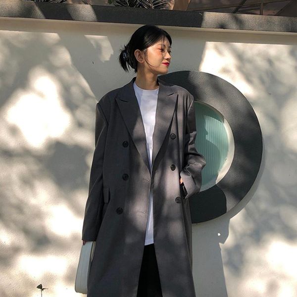 

women's suits & blazers [eam] gray double breasted big size women blazer lapel long sleeve loose fit jacket fashion tide spring autumn, White;black