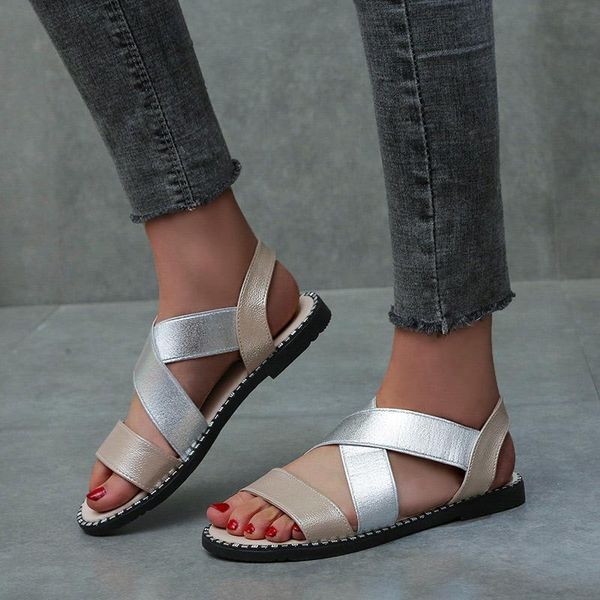 

sandals women's flats classic elastic band ladies shoes women gold leather woman sewing rome open toe comfort female summer 2021, Black