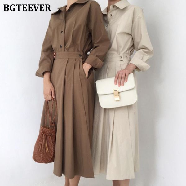 

casual dresses bgteever long sleeve single-breasted women dress minimalism turn-down collar a-line female vestidos femme 2021, Black;gray