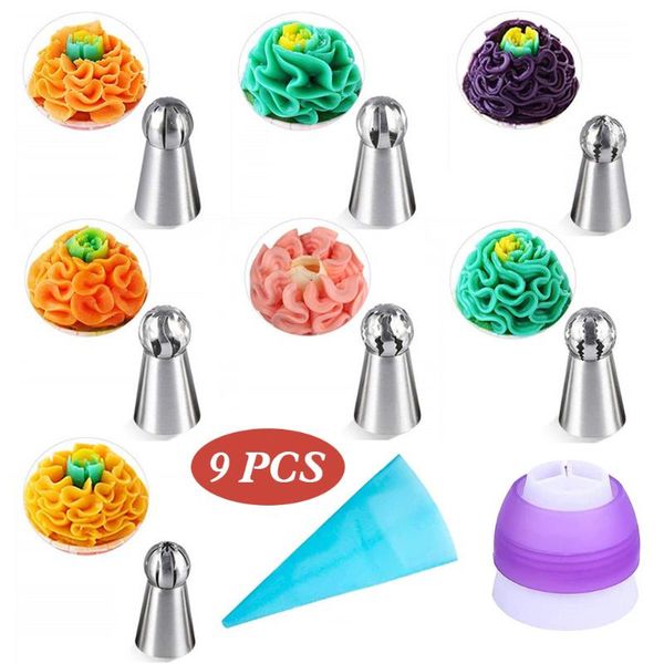 

baking & pastry tools 9pcs cupcake stainless steel sphere ball shape icing piping nozzles set cream tips flower torch tube decoration