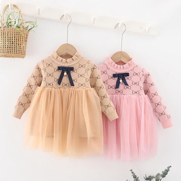 

girl's dresses fashion autumn winter girls princess kids children baby knitted dress long sleeve knitwear patchwork mesh vestido s12920, Red;yellow