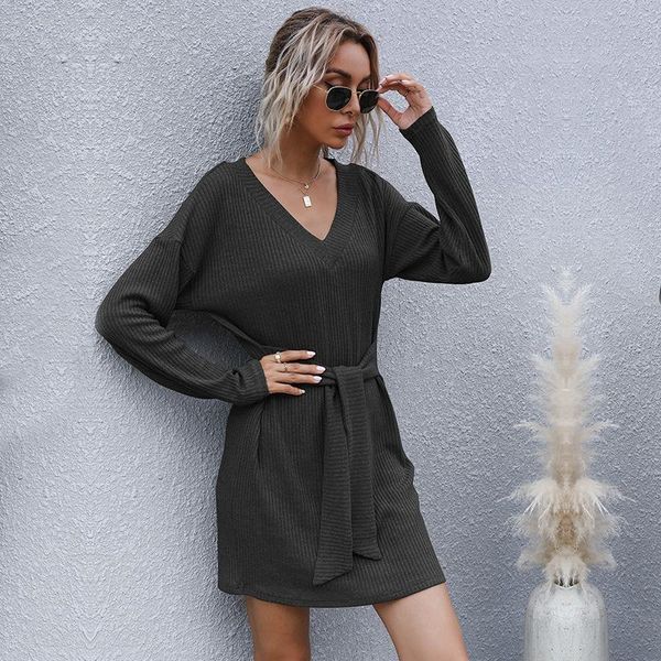 

casual dresses modx 2021 autumn knit solid color v-neck waist mini dress for women elegant long sleeve stretch a-line office lady sweater, Black;gray